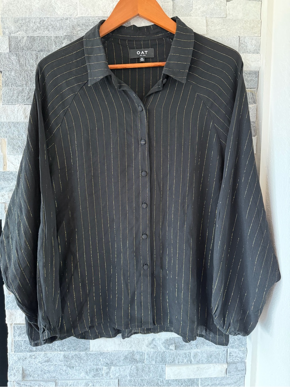 Women OAT black long-sleeve button-down shirt-Vertical Metallic Stripes-XL